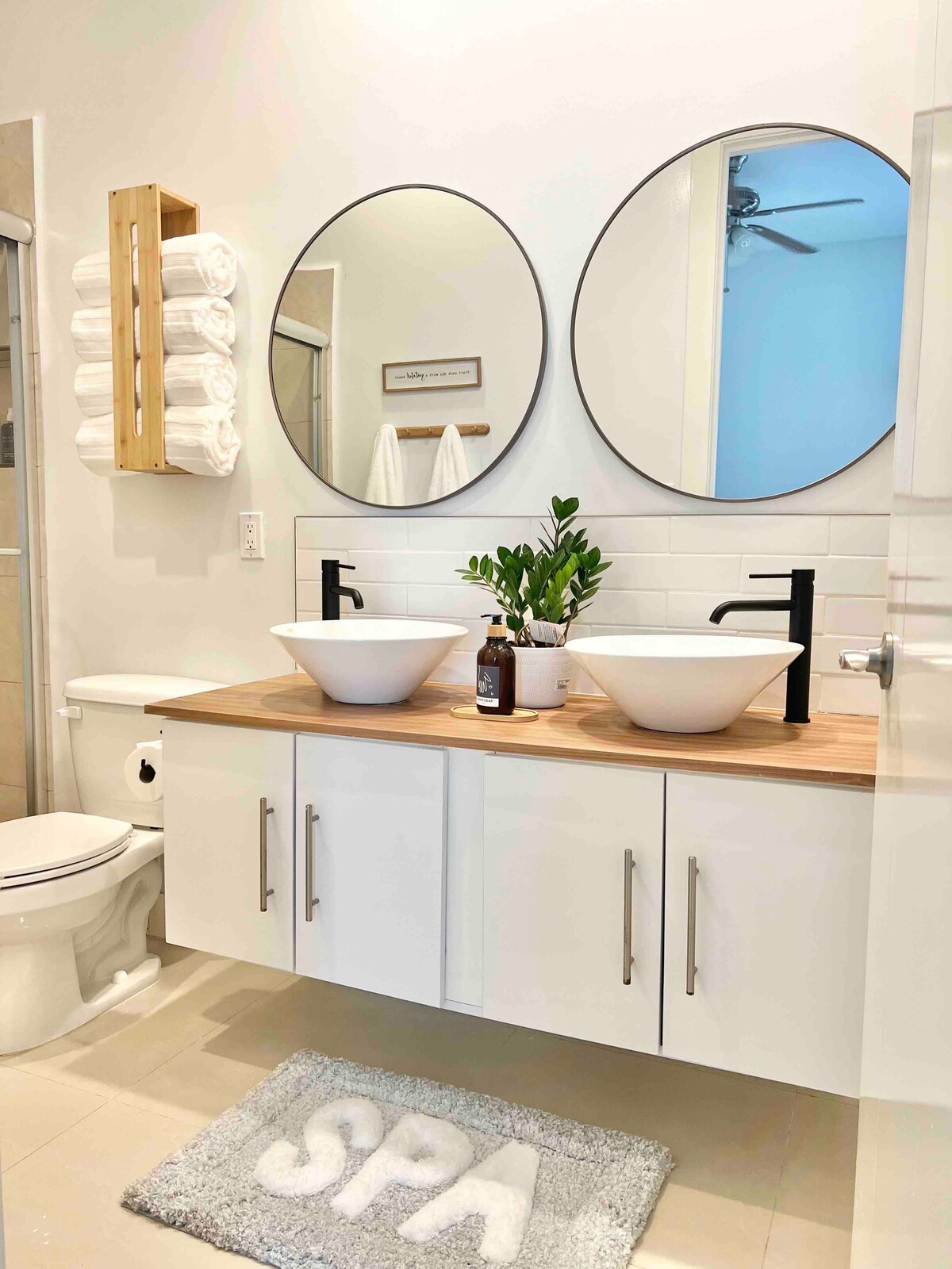 Double-vanity bathroom with spa touches